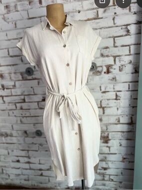 easel Cream Button-Front Midi Shirt Dress with Tie Waist